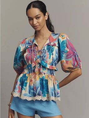 FARM Rio Multicolor Floral Peplum Blouse - Blue, Pink, Yellow